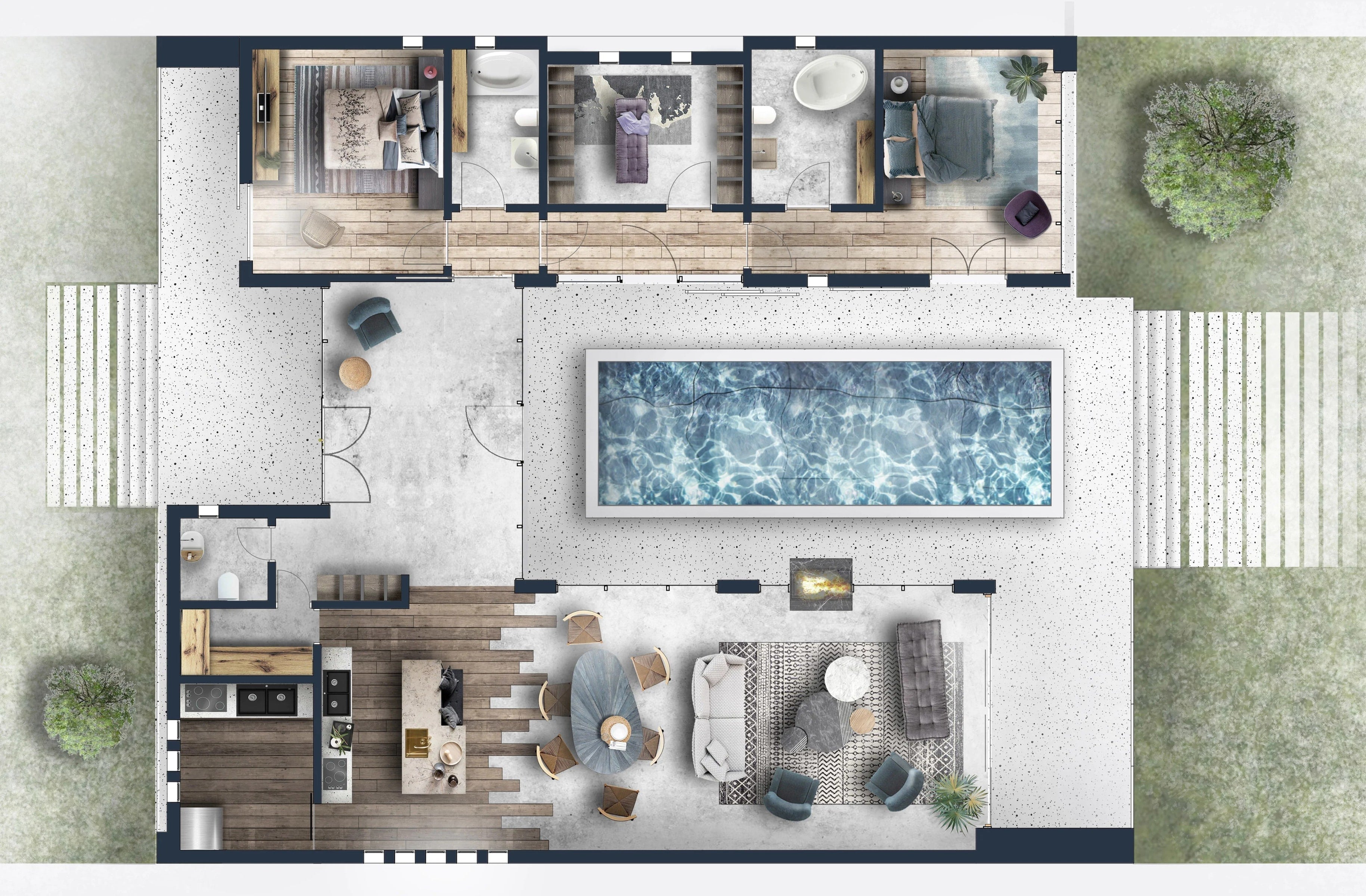 a colorful and detailed 2d floor plan of an apartment and outdoor living area, that's also virtually staged by a virtual staging service.