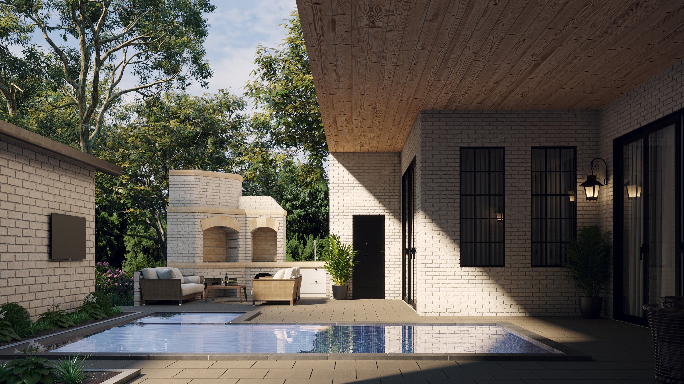 A computer generated 3d render of a backyard pool and patio space.