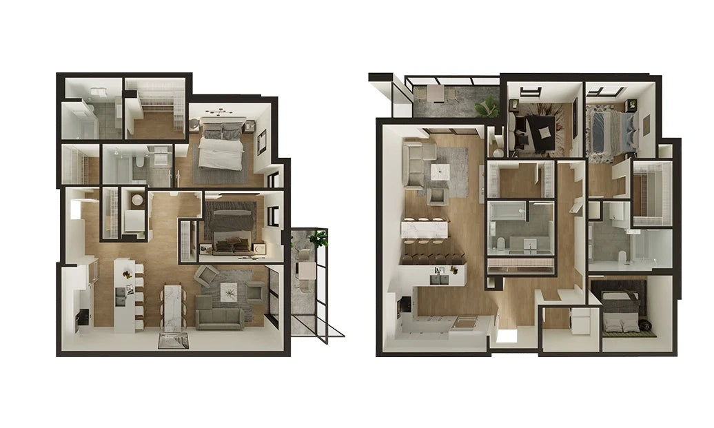 Two levels of a 3d render floor plan of a two level home